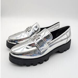 Tory Burch Classic Platform Lug Sole Loafer Shoes Women's Silver Sz US10.5M EU41